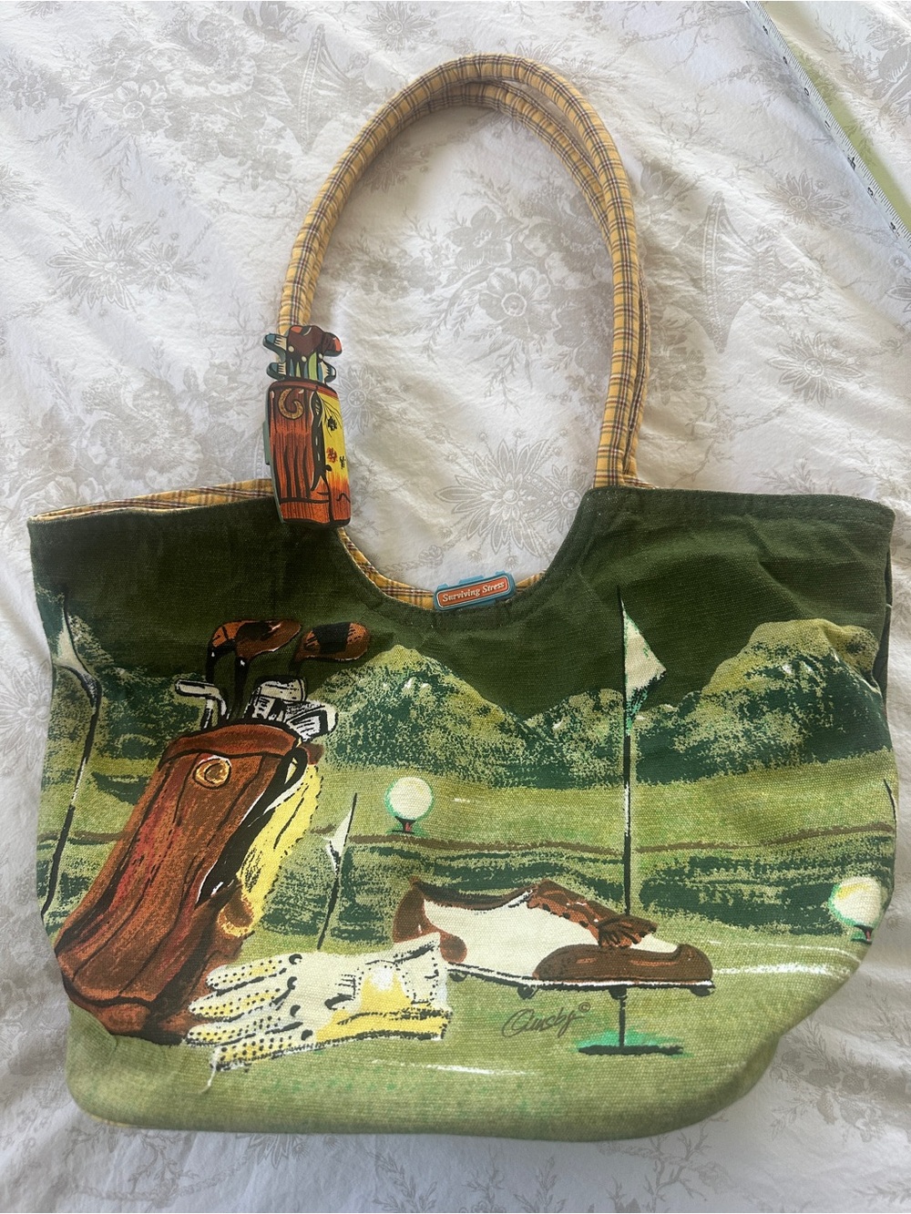 Green Golf-Print Canvas Tote Bag with Plaid Handles